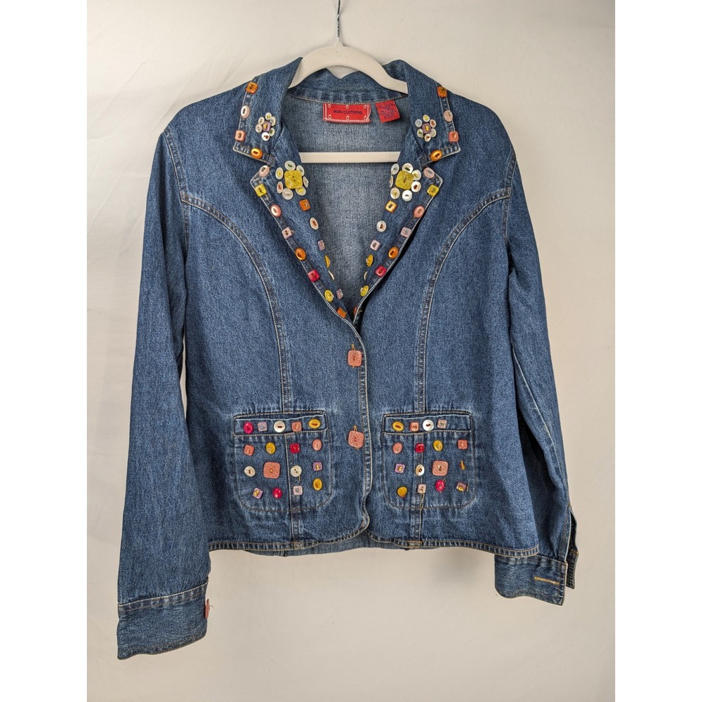 Vintage‎ Y2K Artsy Embellished Denim Jean Jacket Sz L Funky  Eclectic Maximalist